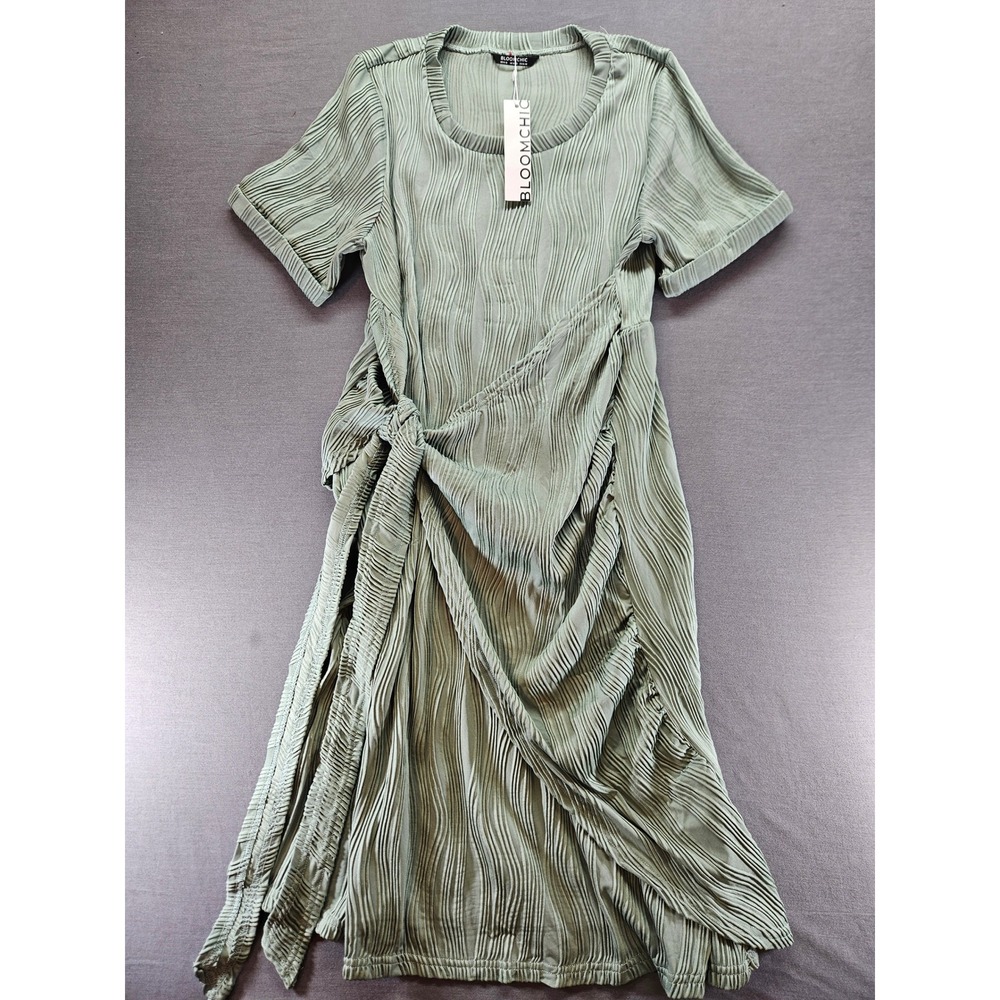 BloomChic Sage Green Plisse Textured Wrap Side Tie Midi Dress Plus Size 14-16